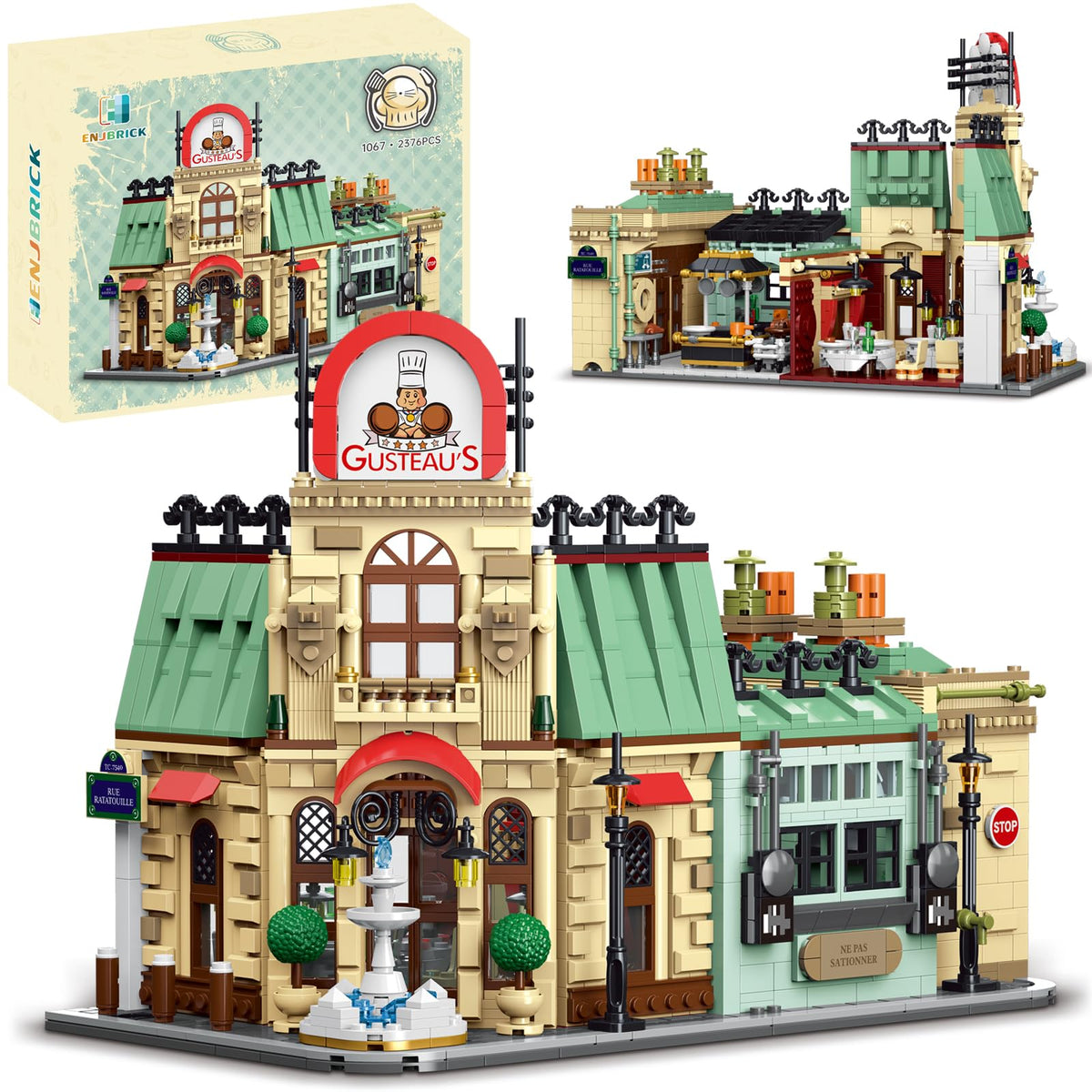 ENJBRICK Parisian Garden Hotel building set front facade, ideal desk display.