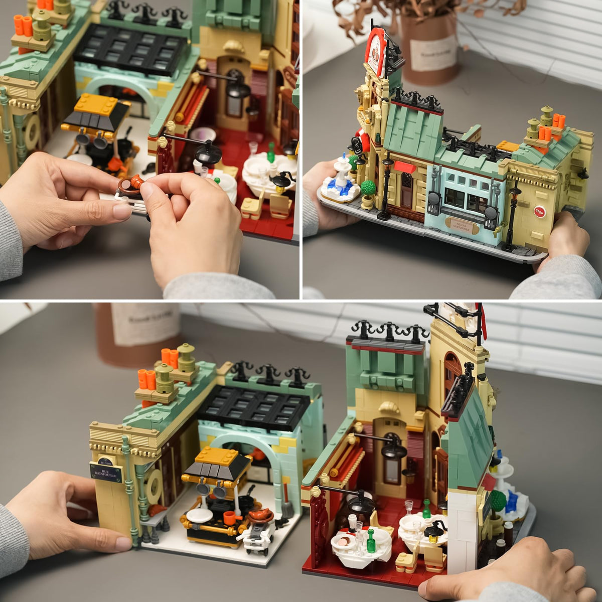 ENJBRICK Parisian Garden Hotel building set gourmet kitchen detail for display.