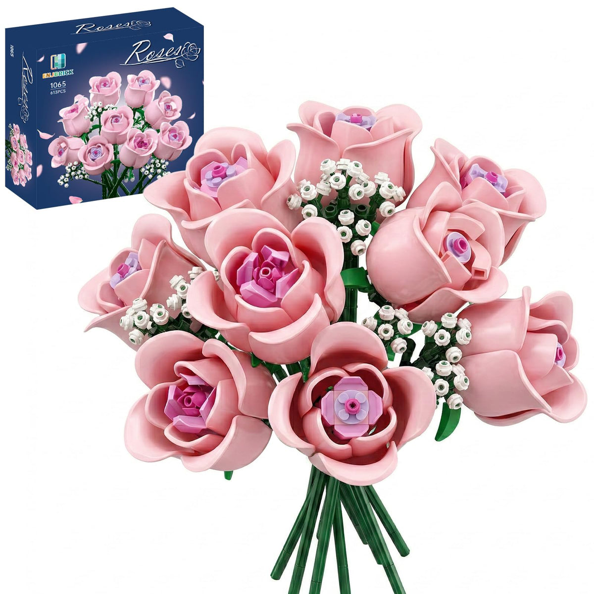 ENJBRICK Roses Building Set pink rose bouquet centerpiece for elegant home decor
