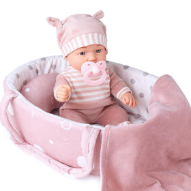 Enjoyin 12-inch baby doll with carrier bassinet for imaginative play.