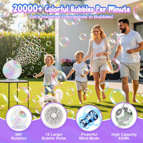 Enjoyjoy bubble machine with 360-degree rotation for full coverage at parties and outdoor events.