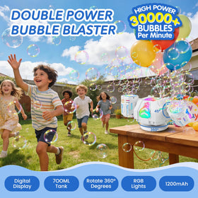 Enjoyjoy bubble machine with 360-degree rotation delivering immersive bubble arcs.
