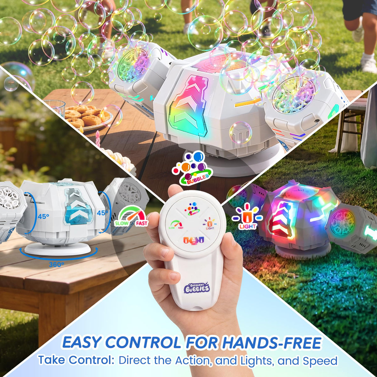 Enjoyjoy bubble machine with 12-hole dual-nozzle for dense bubbles.
