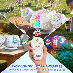Enjoyjoy bubble machine with 12-hole dual-nozzle for dense bubbles.