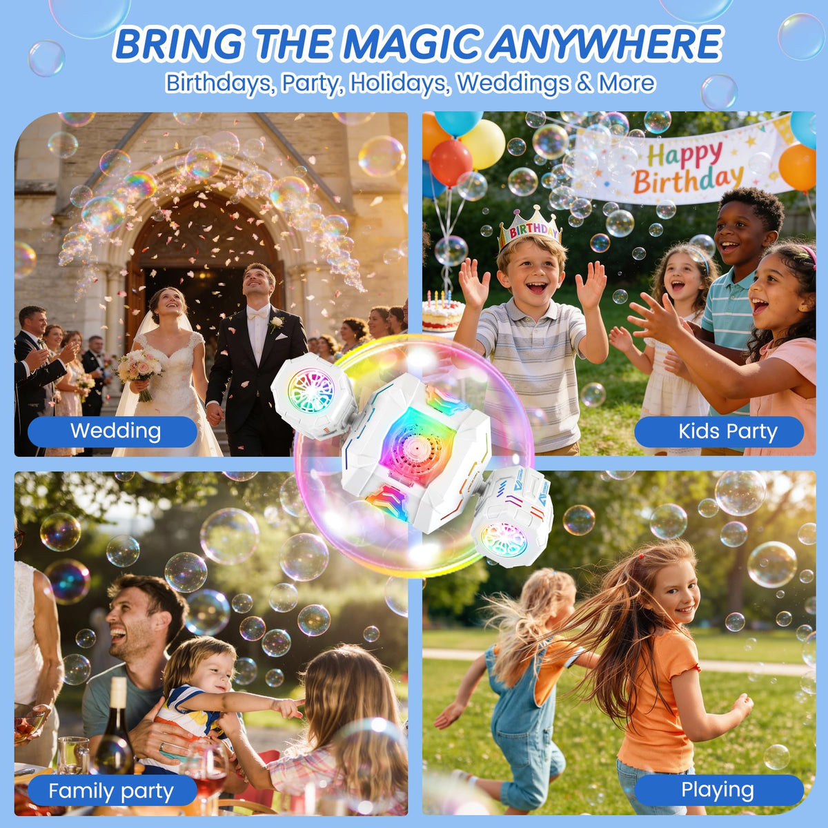 Enjoyjoy bubble machine party box unboxing reveals remote and accessories.