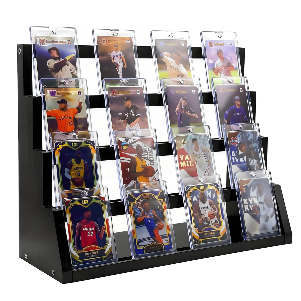 Enklogic 4-Tier wooden trading card display shown on a desk for organized collection showcase.