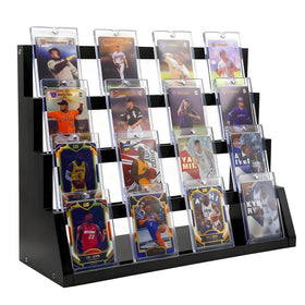 Enklogic 4-Tier wooden trading card display shown on a desk for organized collection showcase.