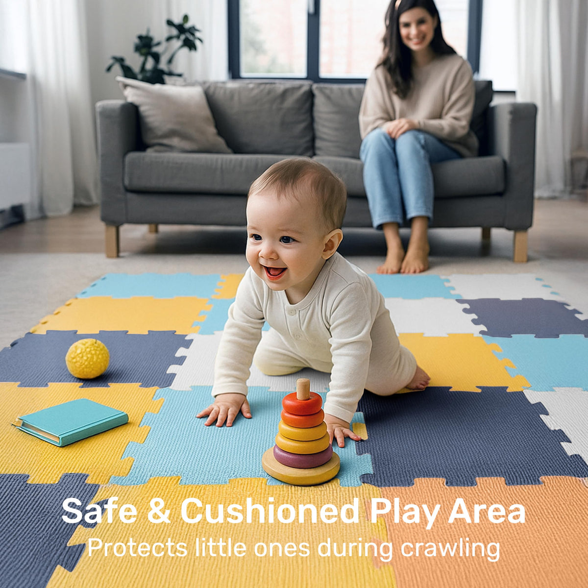 Enovoe cushioned foam floor mat provides a soft landing during tummy time.