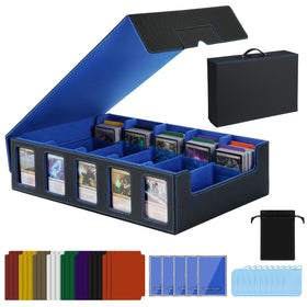 Enrichovo blue leather card storage box with handle for easy card transport.