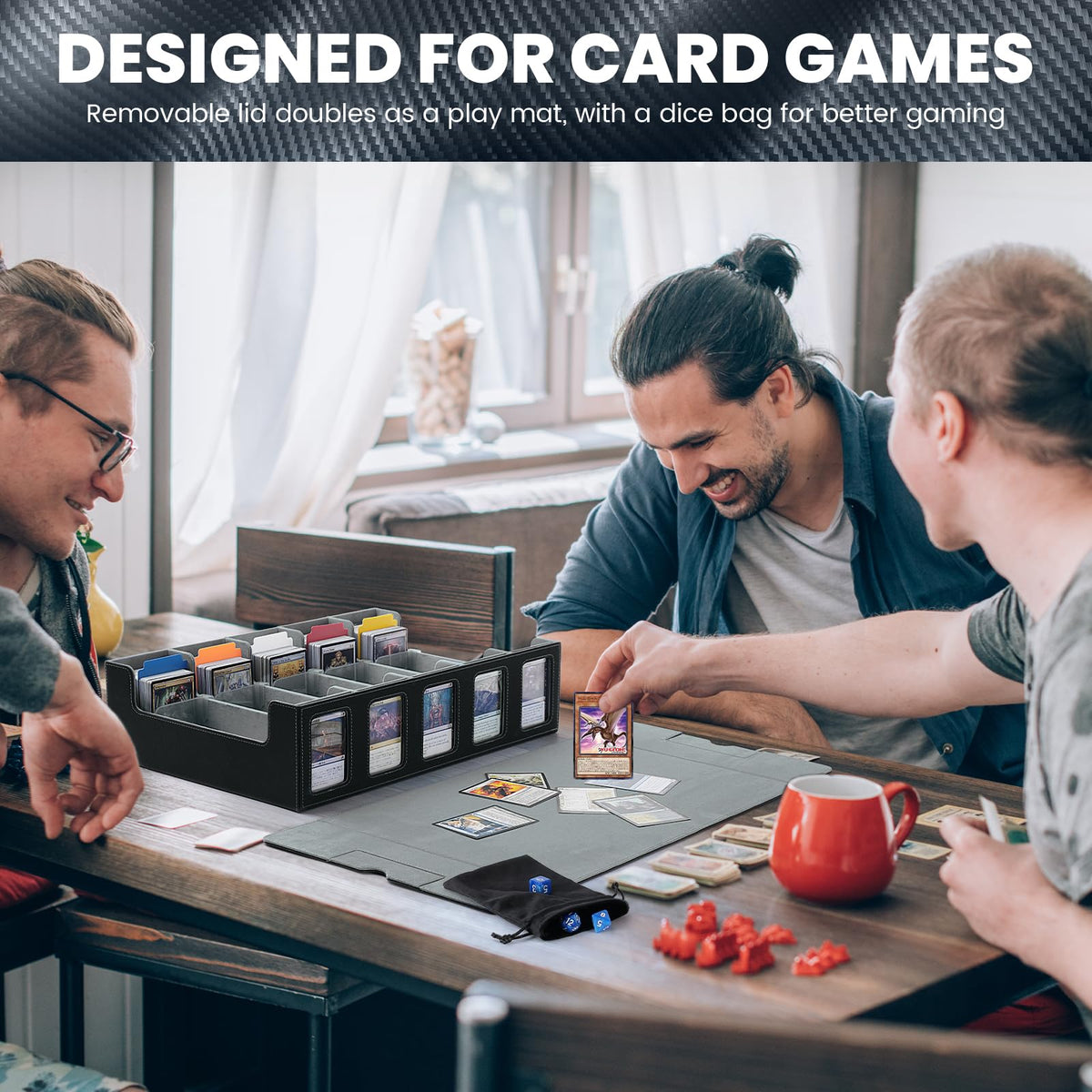 Five-row organizer holds thousands of cards for easy sorting.