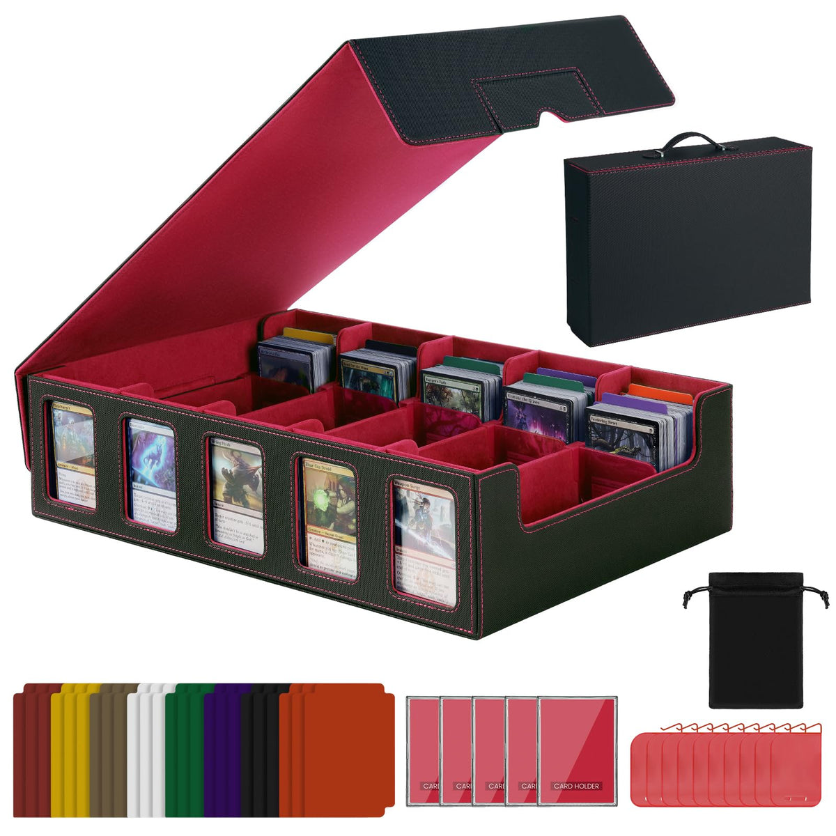 Enrichovo red trading card storage box with handle for easy transport and on-the-go gaming