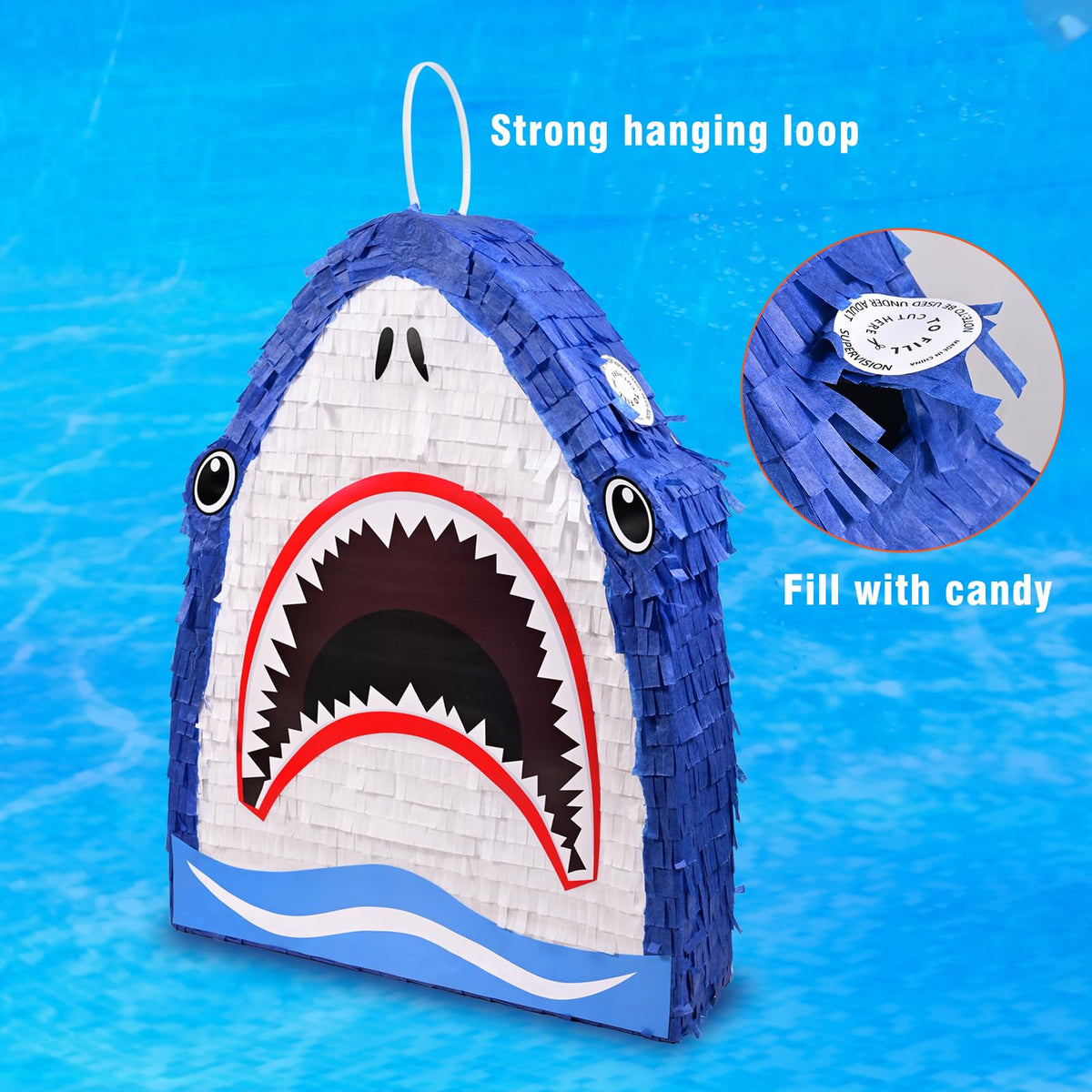 EnriQ shark pinata filling opening for quick candy setup