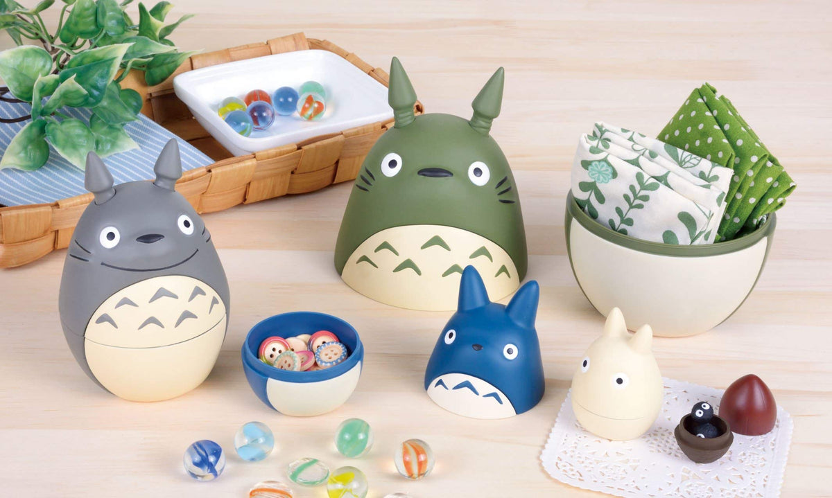 Ensky Totoro nesting dolls lined display creates a charming Totoro vignette