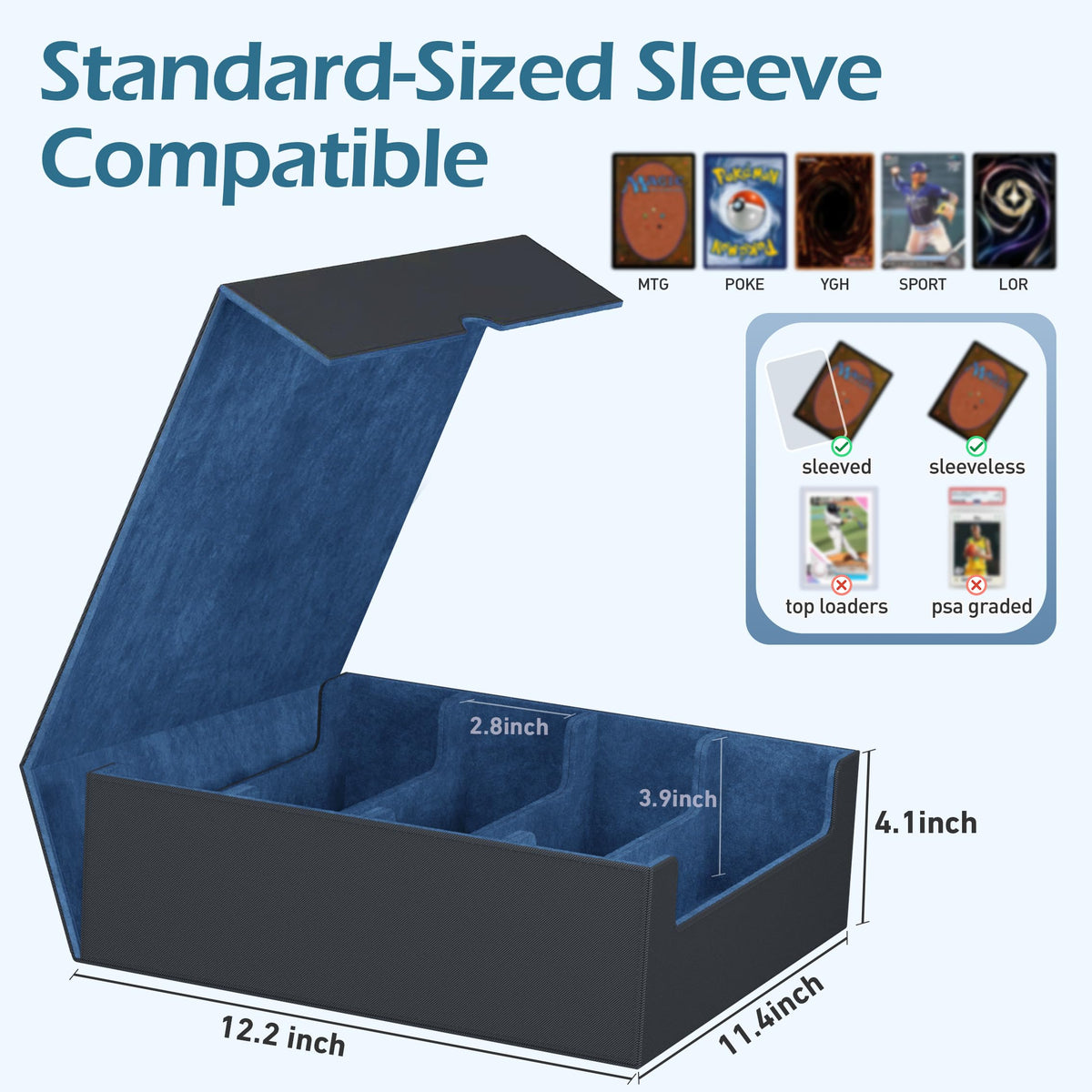 Entumo large-capacity storage for sleeved and unsleeved cards with organization