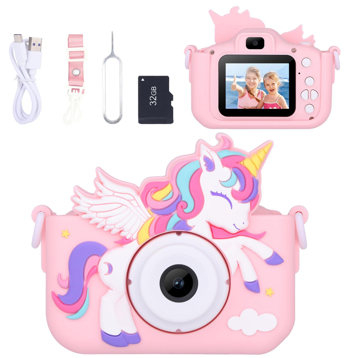 Envyvip Unicorn Camera front view in pink, kid friendly design for creative photo adventures