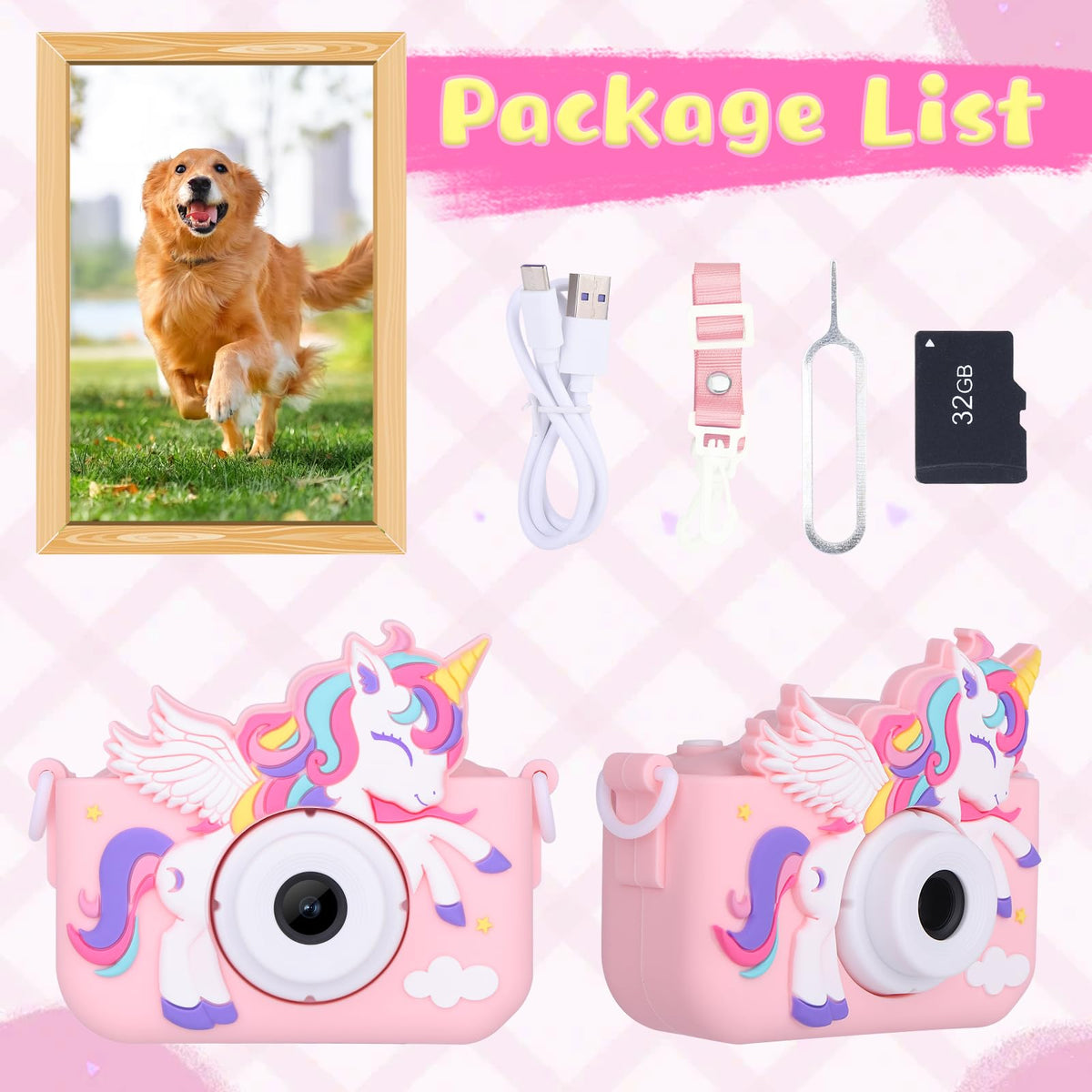 Envyvip Unicorn Camera packaging shows educational games and user manual