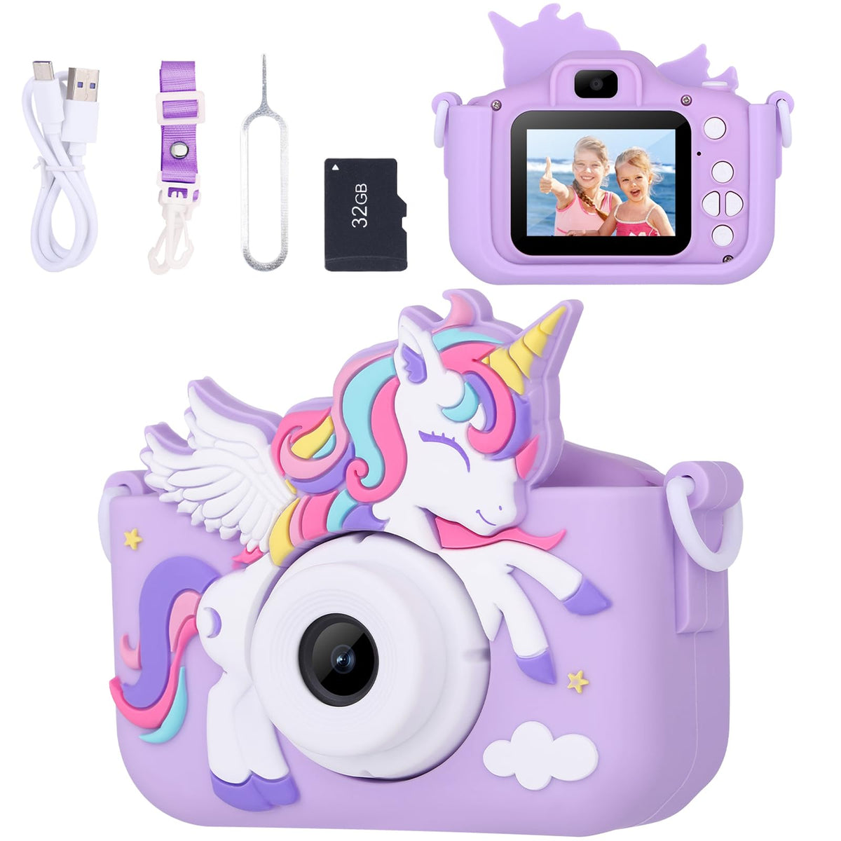 Envyvip Unicorn camera front view in purple, kid-friendly design for curious explorers
