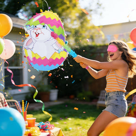 EoBeCy Easter Bunny Pinata hanging loop, easy to suspend indoors or outdoors.