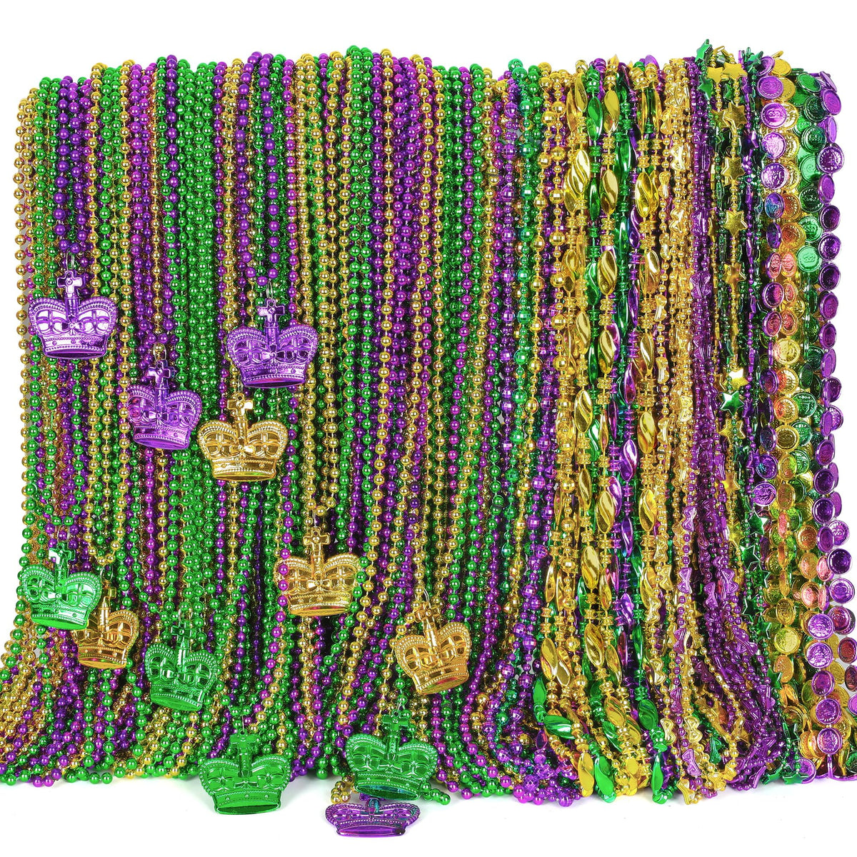 EOBOH Mardi Gras beads in green purple gold for bulk party decorating.