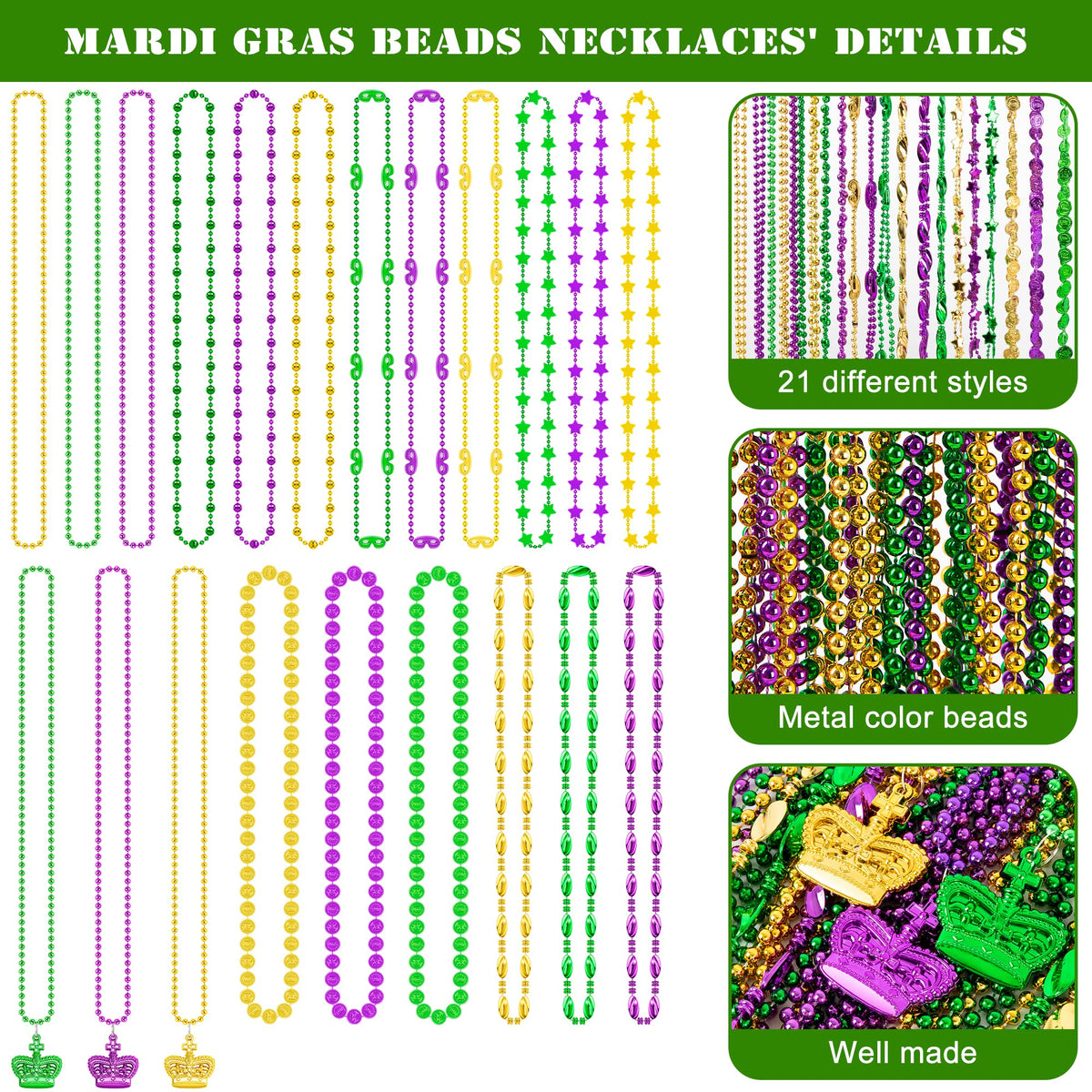 EOBOH Mardi Gras beads size 16.33 inches suitable for all.