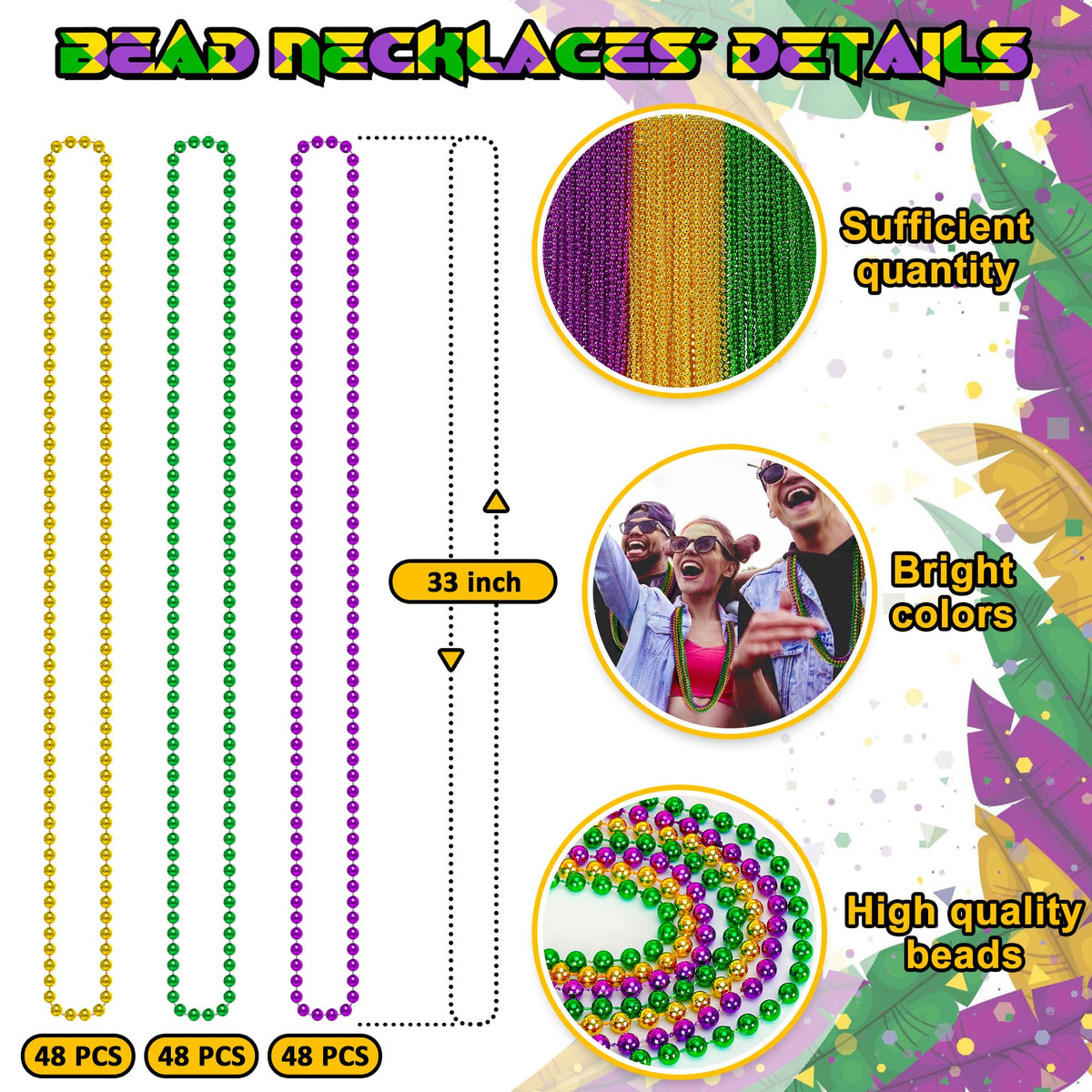 EOBOH metallic finish Mardi Gras beads with durable plastic for all-night celebrations.