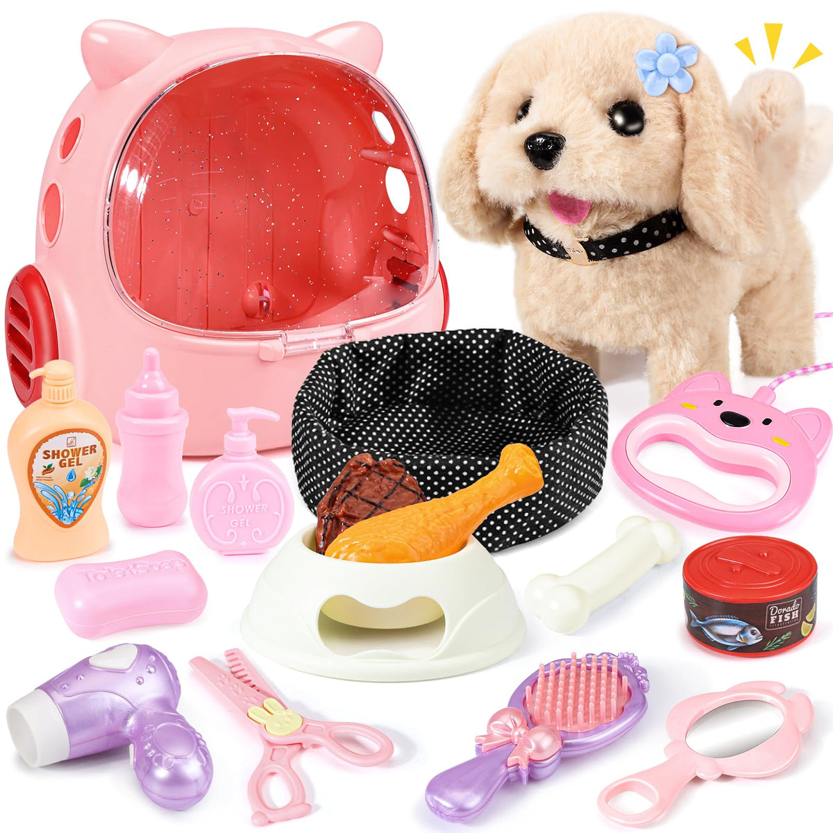 Eohemeral 23-pcs walking dog toy puppy for imaginative play