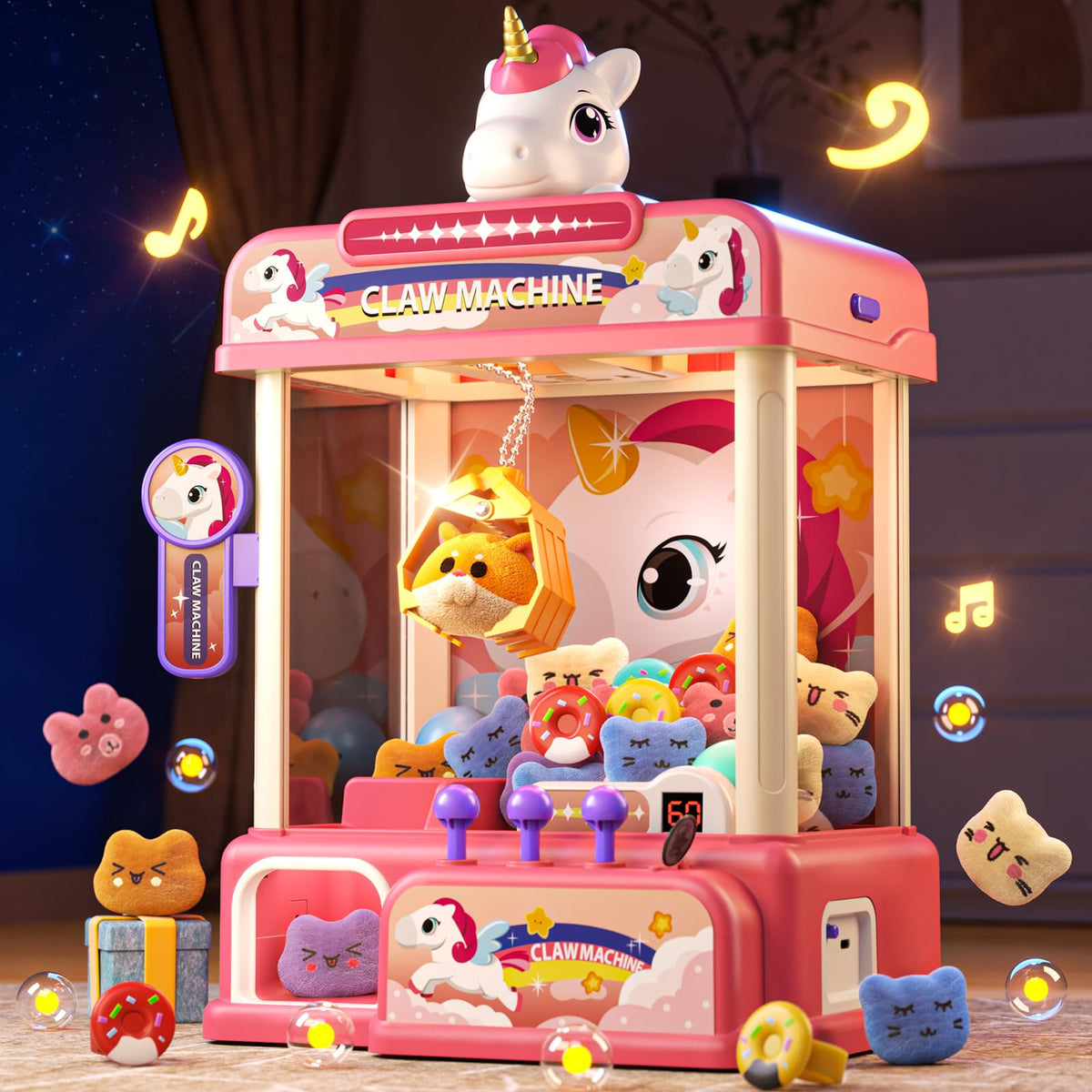 Eohemeral Unicarns claw machine front view highlights its large height for easy grabbing.