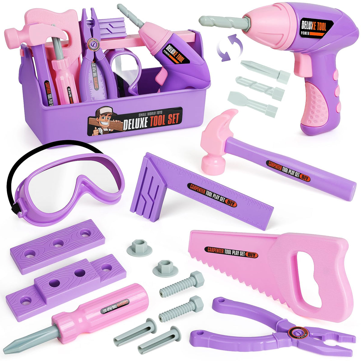 EP EXERCISE N PLAY kids tool set box shows organized playtime tools for pretend construction.