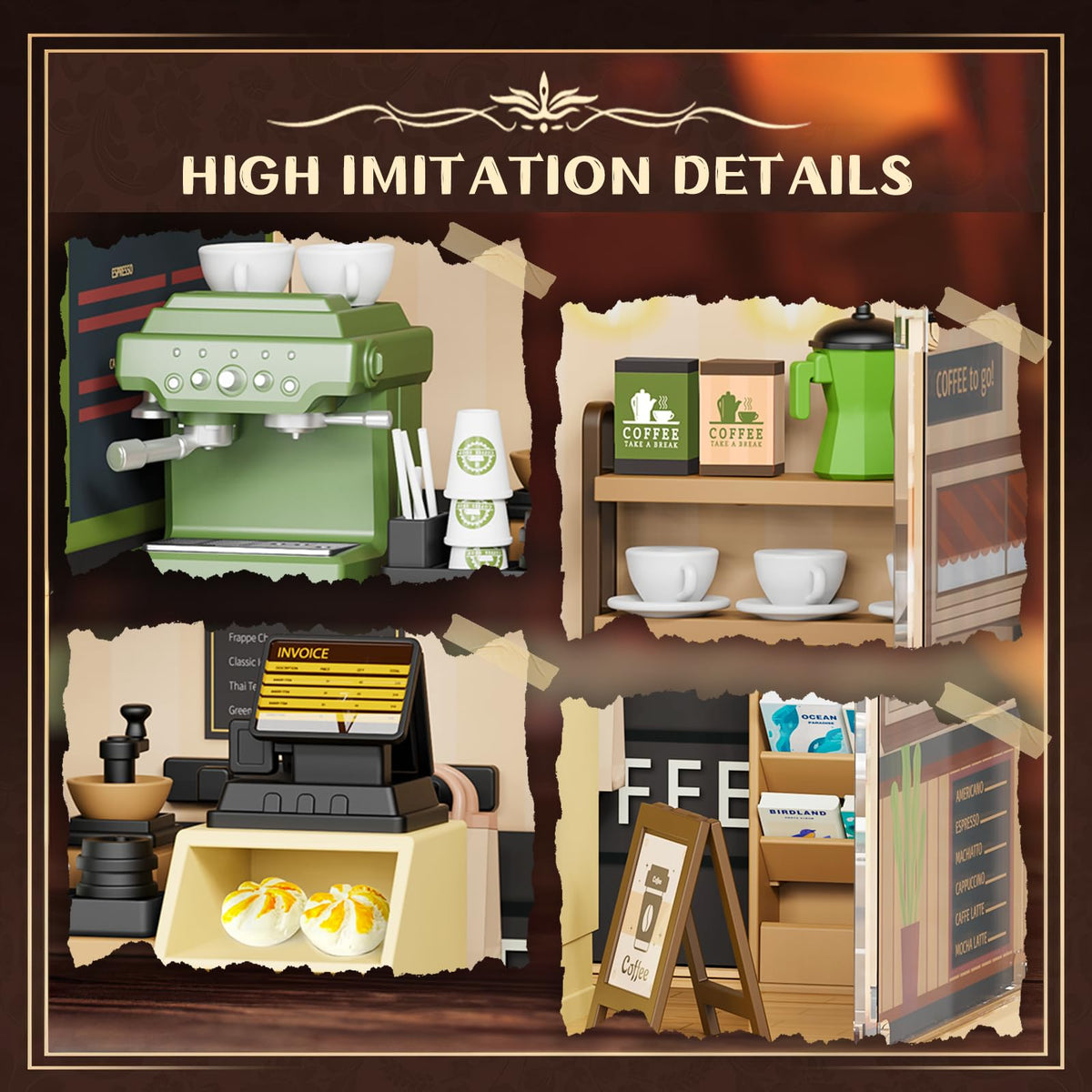 EP EXERCISE N PLAY Miniature coffee shop interior for immersive, shareable display moments.