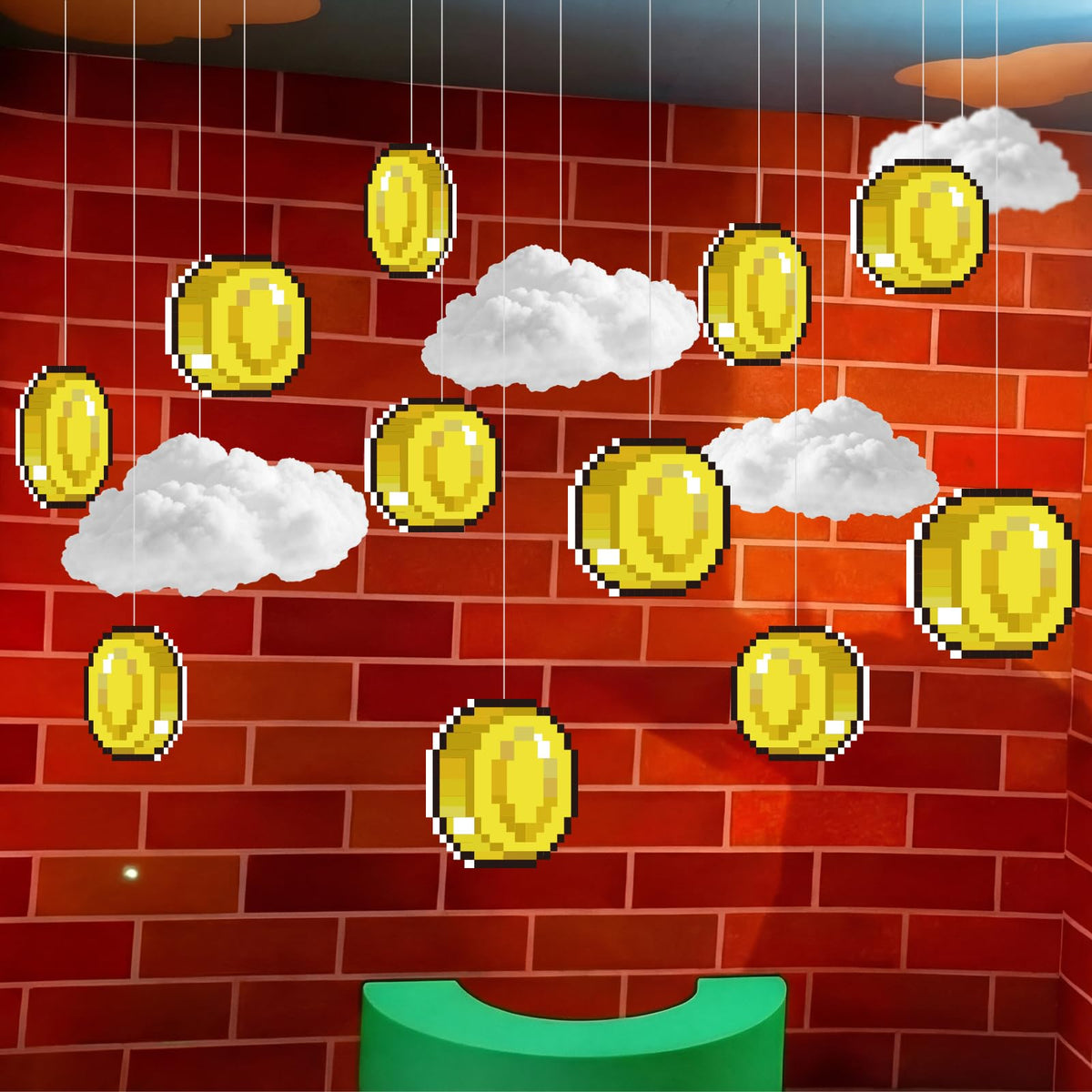 Epakh Super Brothers gold coin hanging decor adds retro arcade vibes for birthdays and photos