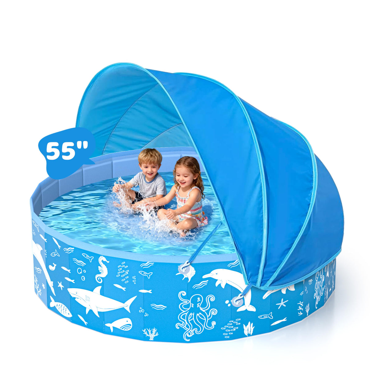 EPN 55-inch kiddie pool with canopy for shade and larger play area in the backyard.
