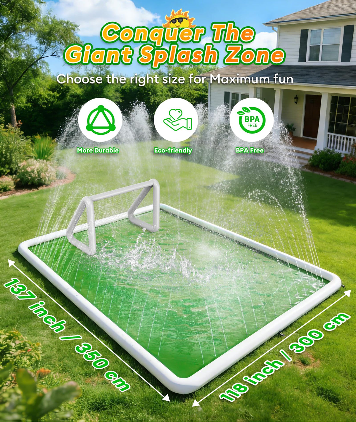 EPN Splash Pad built-in inflatable soccer goal adds active play for families.