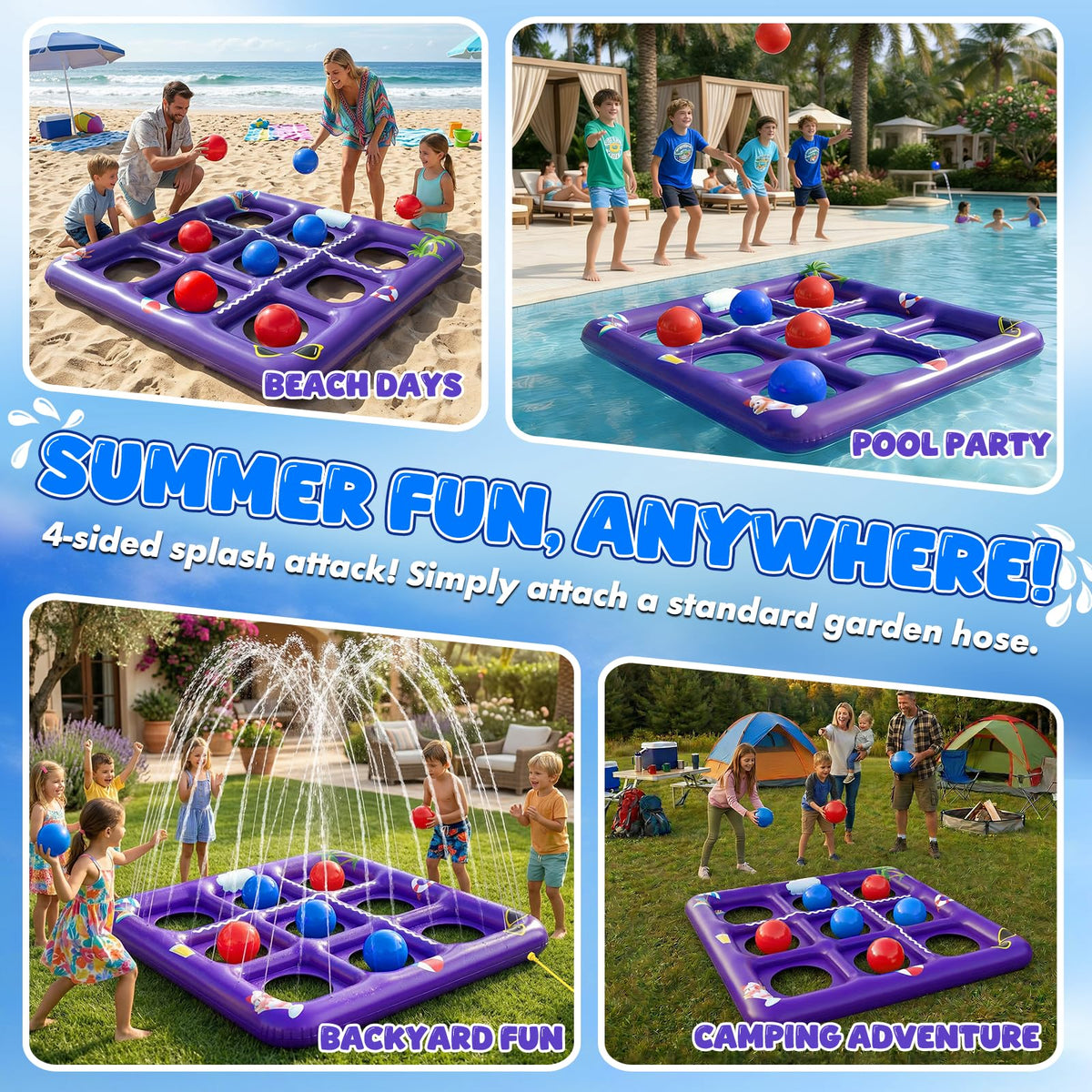 EPN Tic Tac Toe sprinkler setup on lawn adding refreshing water play