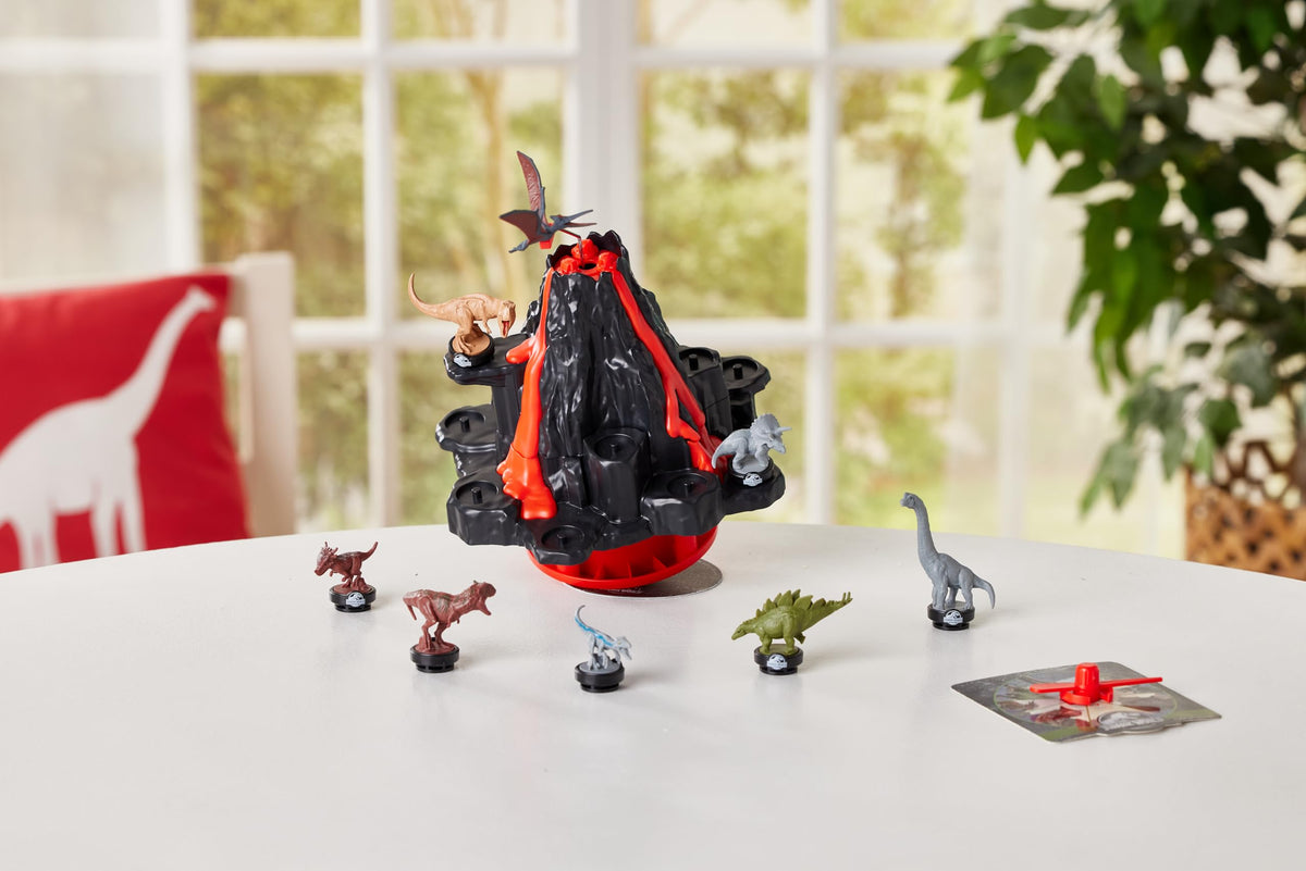 Epoch Games Jurassic World Shaky Volcano: close-up on colorful dinosaur figures.