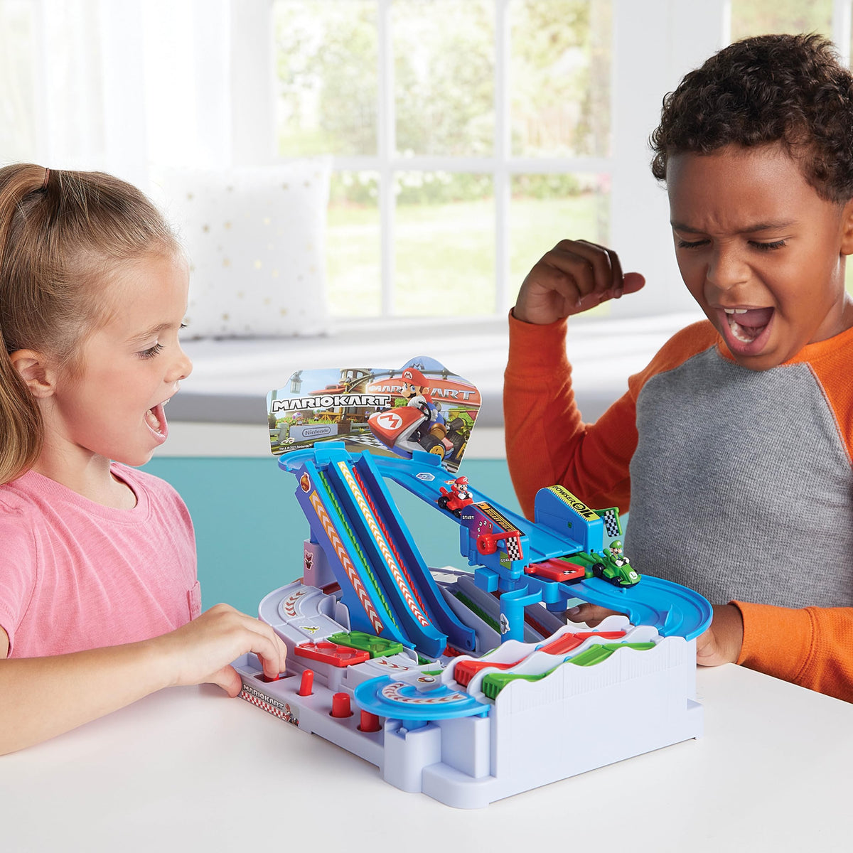 EPOCH Games Mario Kart Racing Deluxe obstacle bridge in action for tabletop racing.