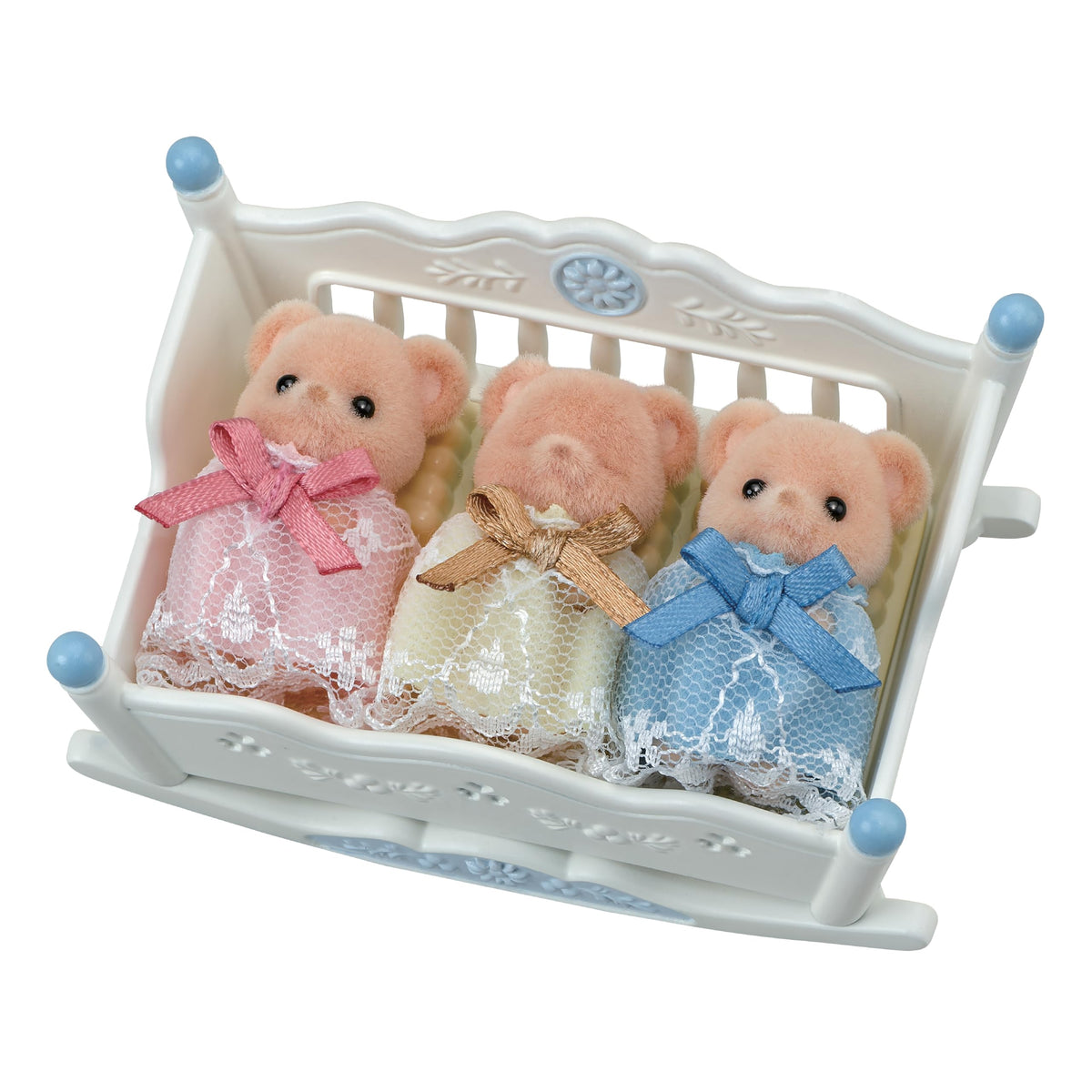 Epoch Sylvanian Biscuit Bear Triplets doll with movable head for interactive storytelling.