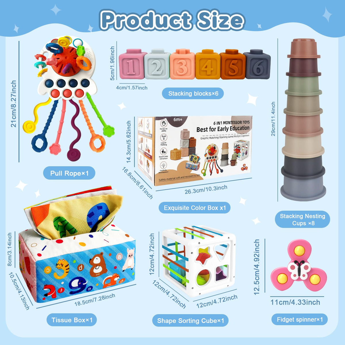EPOGG tissue box toy promotes grasping and visual-auditory differentiation.