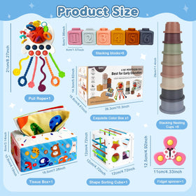 EPOGG tissue box toy promotes grasping and visual-auditory differentiation.