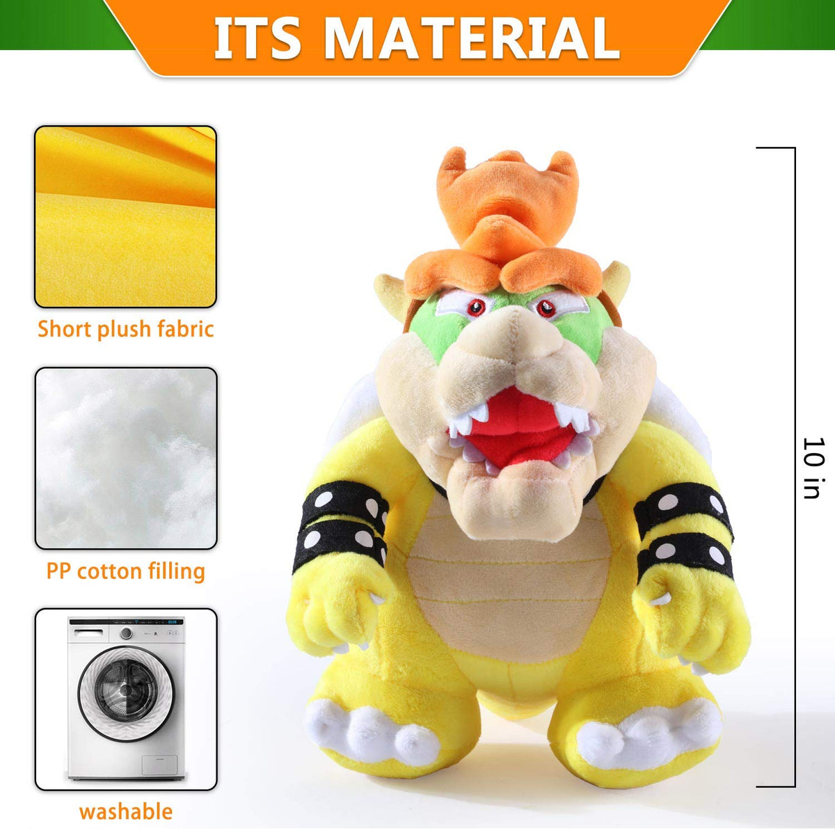 EQUASIS Bowser Plush close-up embroidery highlighting facial details for realism.