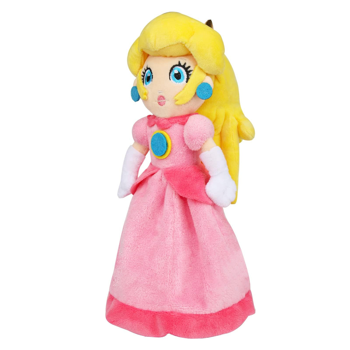 EQUASIS Princess Peach plush toy, 11 inches tall, soft cuddle buddy for kids.