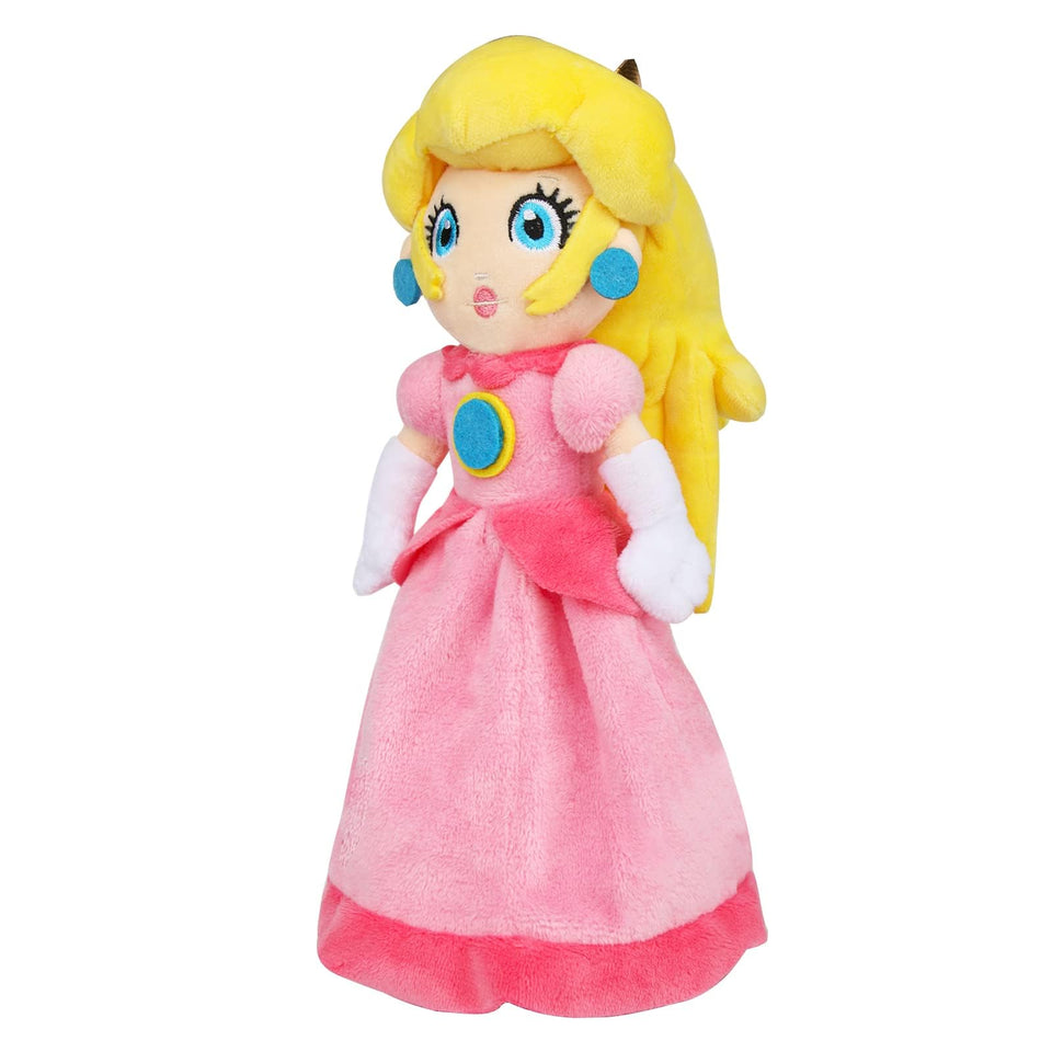 EQUASIS Princess Peach plush toy, 11 inches tall, soft cuddle buddy for kids.