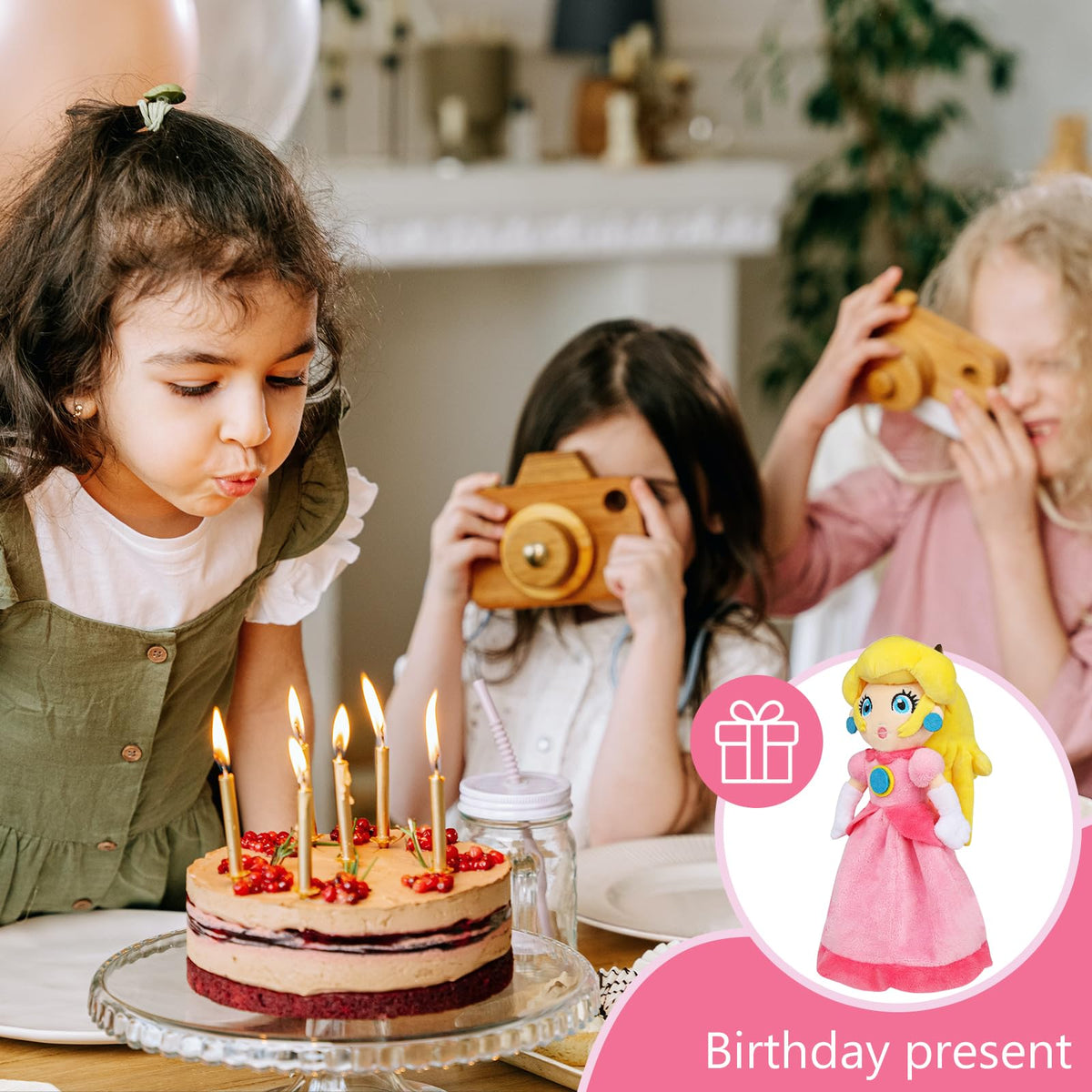 EQUASIS Princess Peach plush toy for bedroom decor and playful moments.