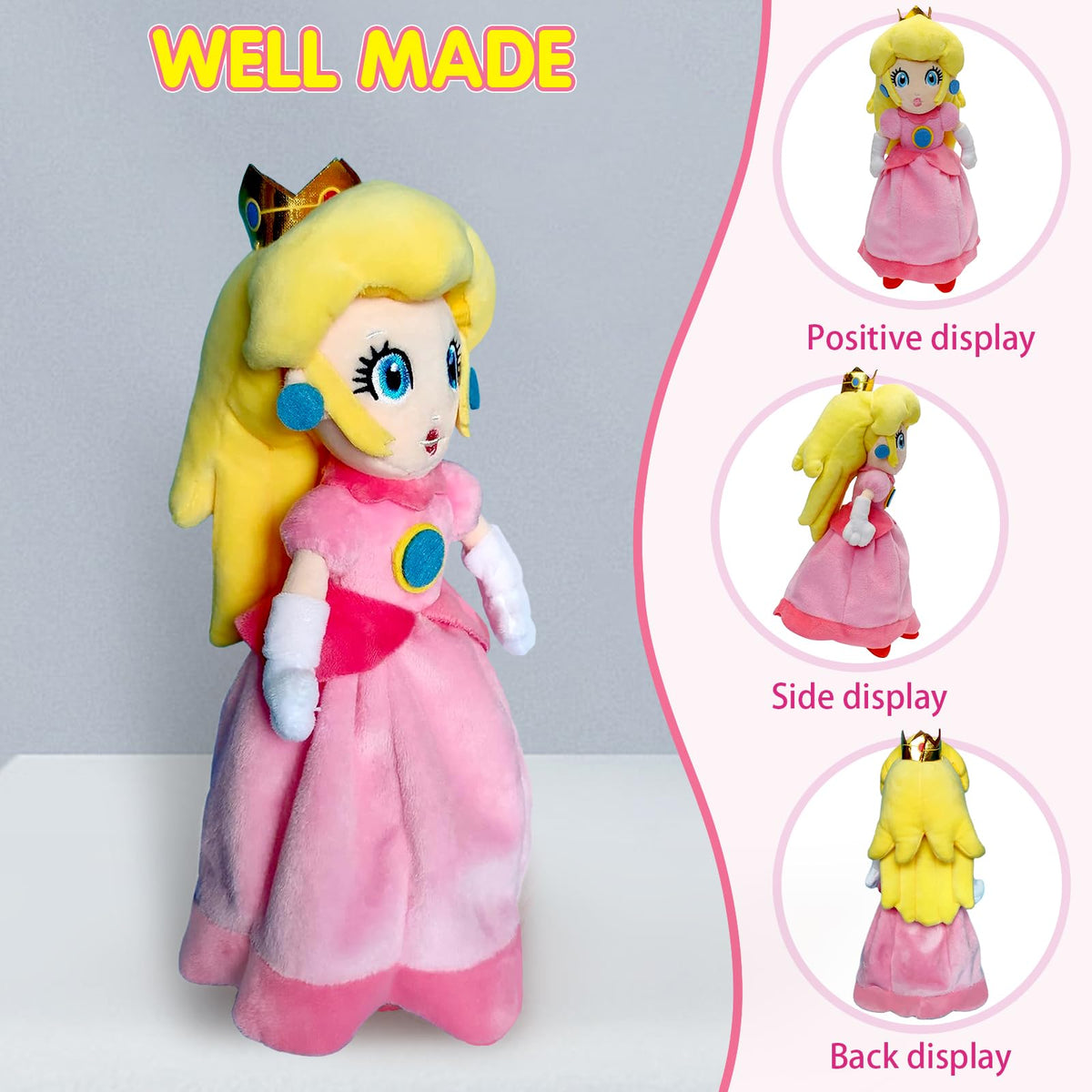 EQUASIS Princess Peach plush toy as a gift-ready decoration.