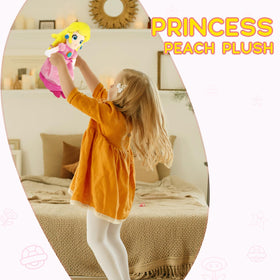 EQUASIS Princess Peach plush toy supports imaginative play for children.