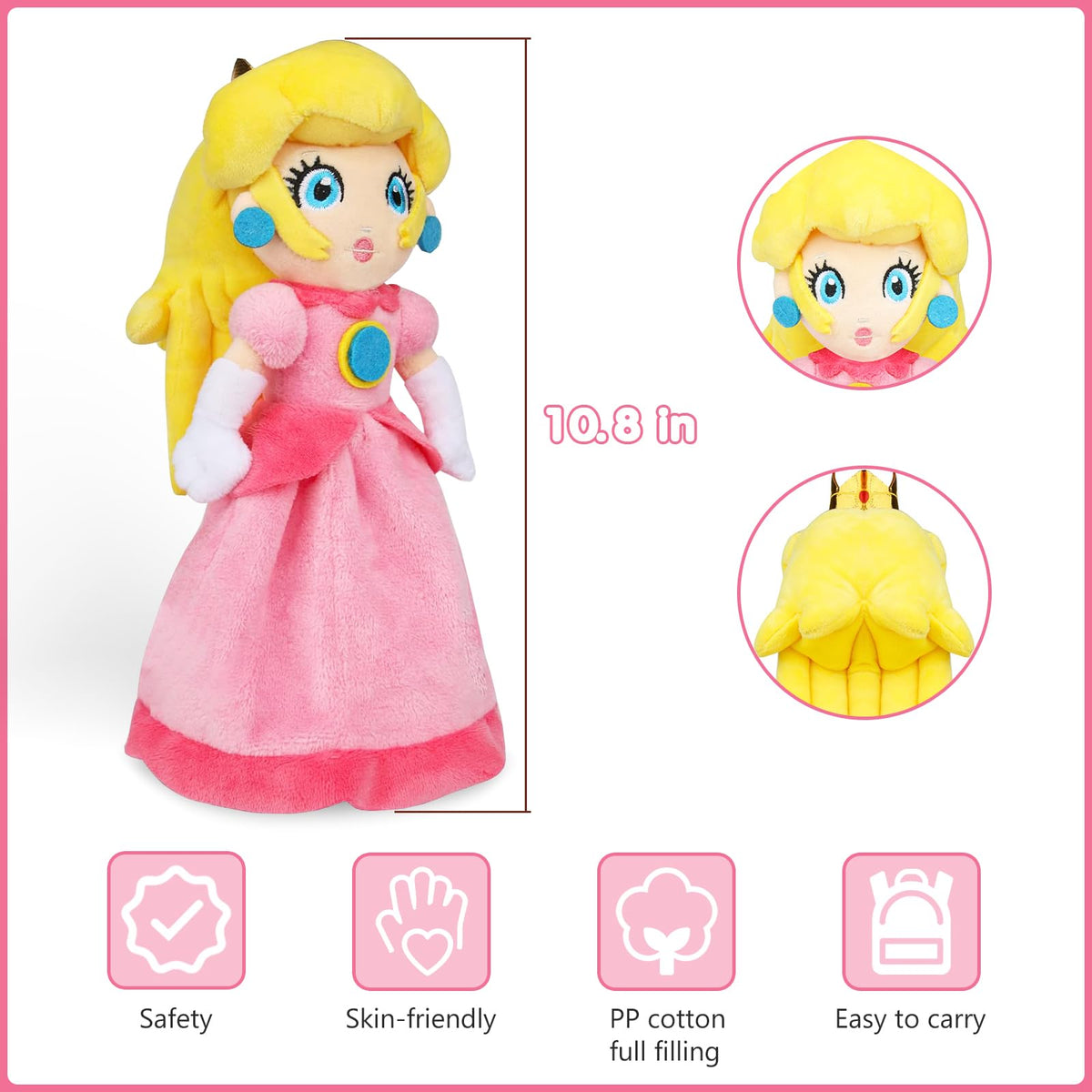 EQUASIS Princess Peach plush toy with soft fabric for gentle hugs.