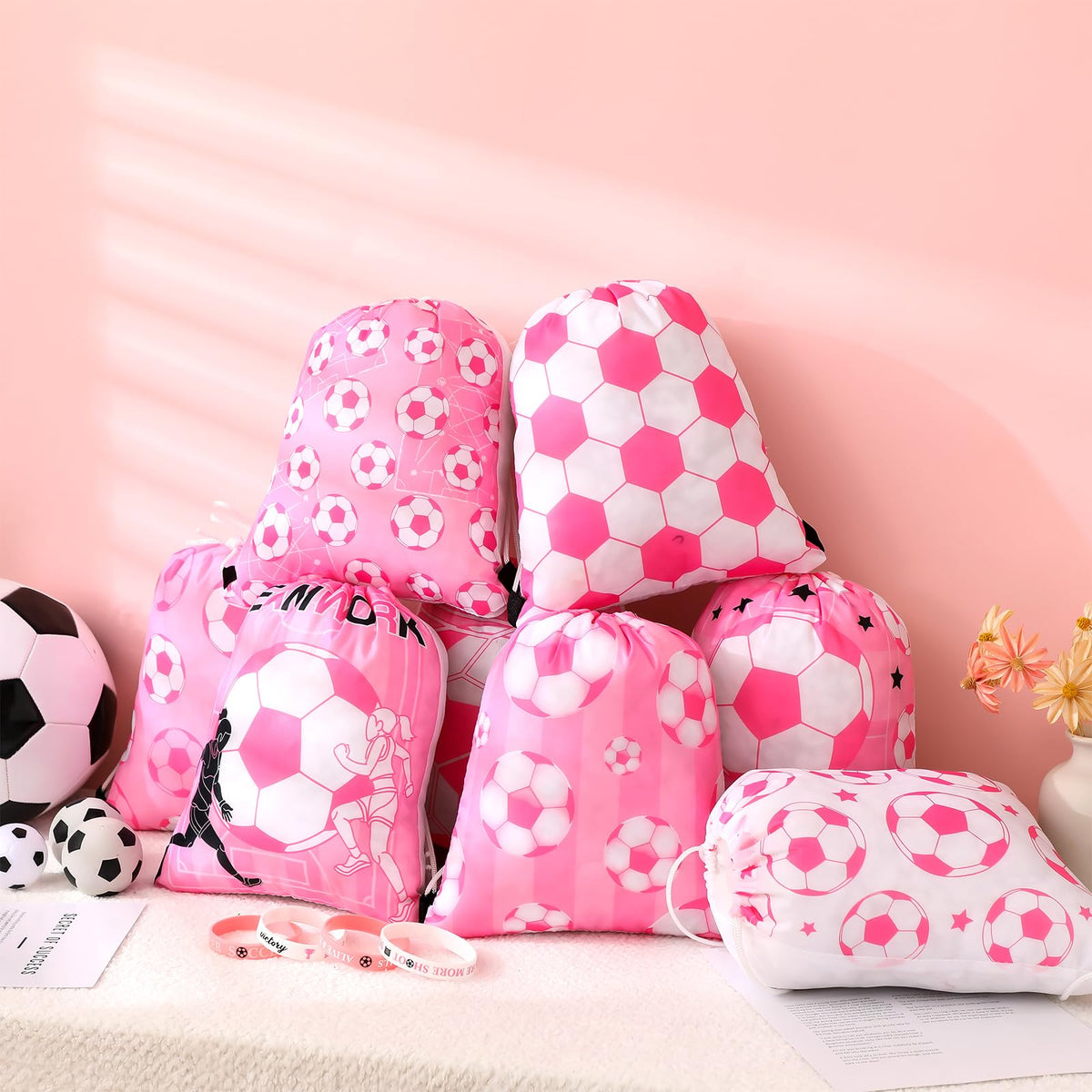 Equsion pink party favors setup for vibrant game day events