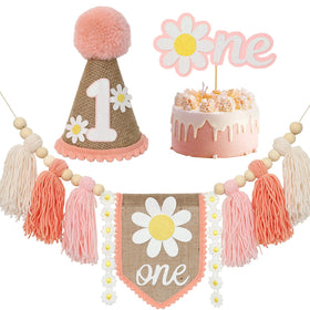Ereniko boho pink daisy cake insert banner frames the dessert table with charm.