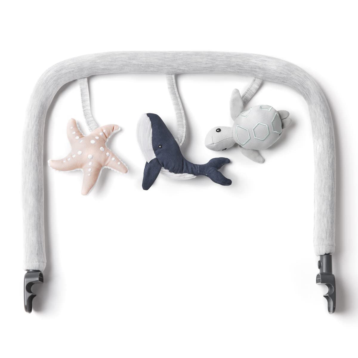 Ergobaby Evolve Toy Bar turtle bell stimulates auditory exploration for infants.