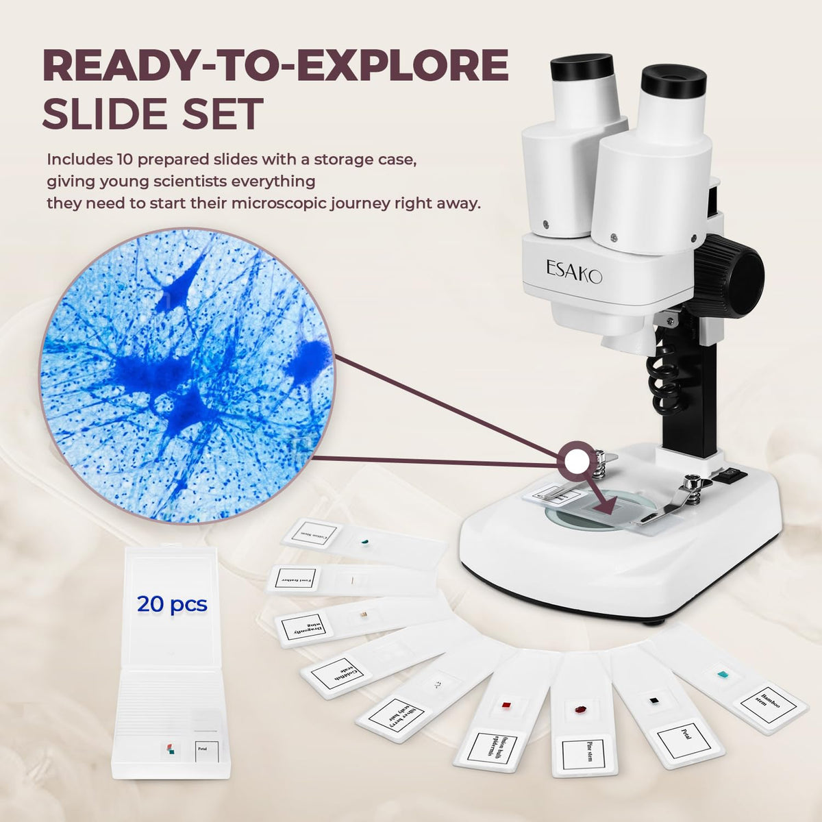 ESAKO Dual LED Kids Microscope side view showing dual lighting for opaque samples