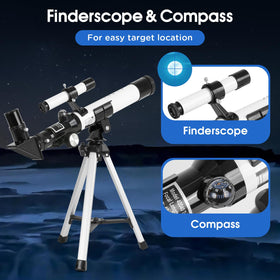 Esako finder scope and compass help locating Moon and stars.